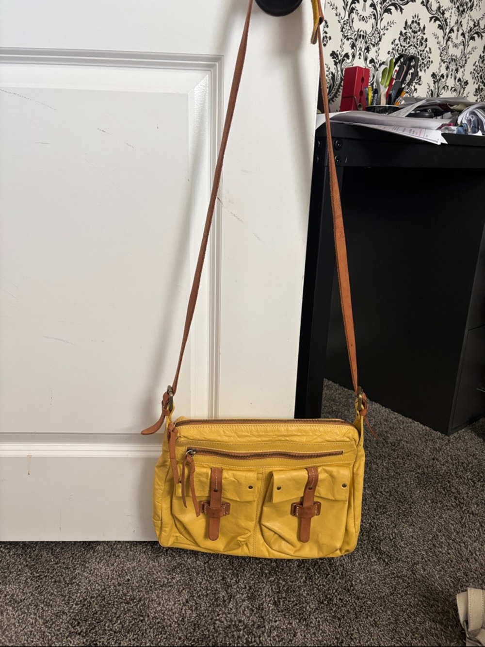 Sundance Yellow Shoulder Bag with Tan Leather Trim